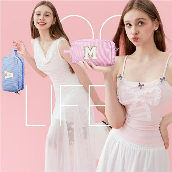 Pink Initial Makeup Bag for Women Teen Girls Travel Cosmetic Toiletry Pouch - Picture 3 of 7